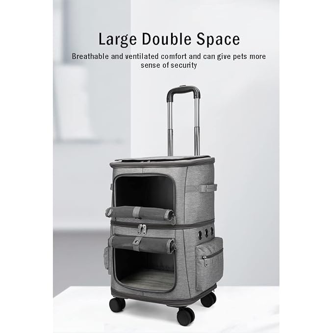 2 Cat Carrier Pet Stroller Portable Bag Double-Layer Pet Travel Carrier with Wheels for 2 Cats Folding Soft Sided Pet Pram Crates Kennel for Small Dogs Puppy Cat Rabbits