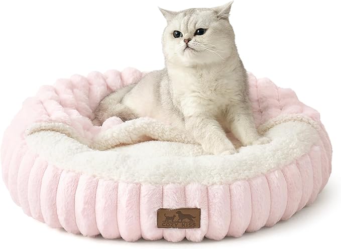 Cat Bed with Hooded Blanket Round Fluffy Anti-Anxiety Pet Bed for Cats/Toy Breed Dogs Cozy Donut Cuddler with Machine Washable Faux Fur &amp Anti-Slip Bottom(20×20×6Pink)