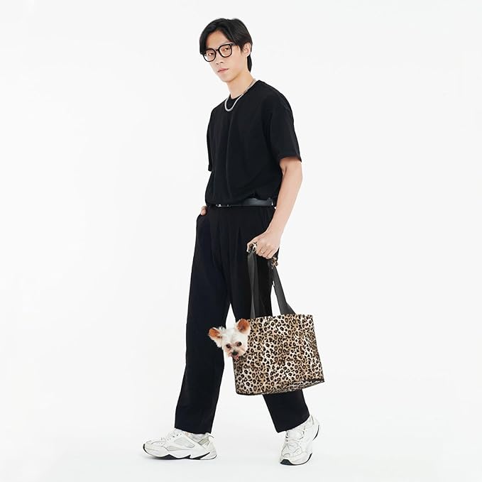 Pet Sling Carrier with Safety Hook - Foldable &amp Hands-Free Dog Cat Carrier Bag for Subway Travel Shopping up to 20lbsLeopard Print