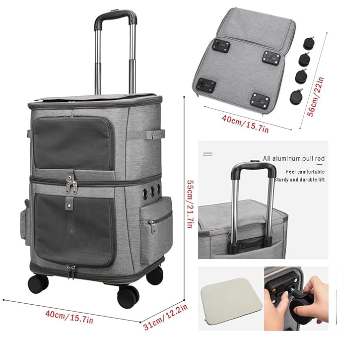 2 Cat Carrier Pet Stroller Portable Bag Double-Layer Pet Travel Carrier with Wheels for 2 Cats Folding Soft Sided Pet Pram Crates Kennel for Small Dogs Puppy Cat Rabbits