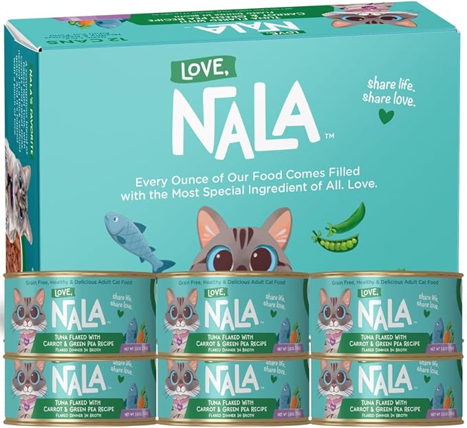 LOVE NALA - Natural Adult Cat Wet Food - FLAKED Tuna with Carrot &amp Green Pea in Broth - Grain Free Non-GMO Lean Protein Added Minerals &amp Vitamins - 12 Pack 2.4 lbs.