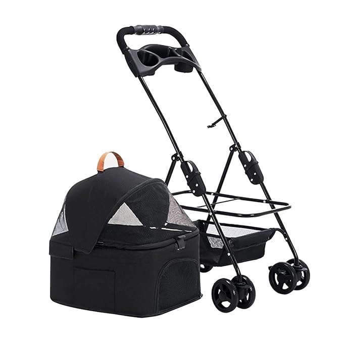 Premium Pushchair Cat Dog Pet Stroller with Detachable Cup Holder Dog Strollers for Small Medium Dogs Lightweight Pram Breathable Zipperless Entry Cat Stroller Pramsa(Black)
