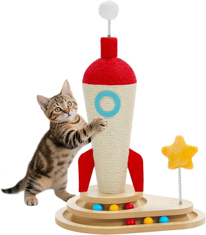 PETEPELA Cat Scratching Post Rocket Sisal Cat Scratcher 24.8'' Cute Scratching Post with 2-Layers Wooden Track Cat Toys &amp Spring Pompom for Indoor Cats Adults