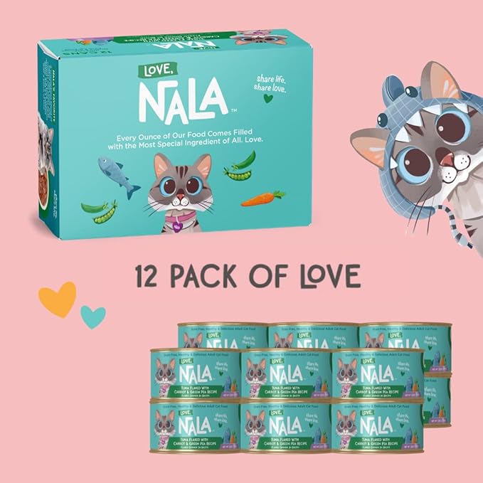 LOVE NALA - Natural Adult Cat Wet Food - FLAKED Tuna with Carrot &amp Green Pea in Broth - Grain Free Non-GMO Lean Protein Added Minerals &amp Vitamins - 12 Pack 2.4 lbs.