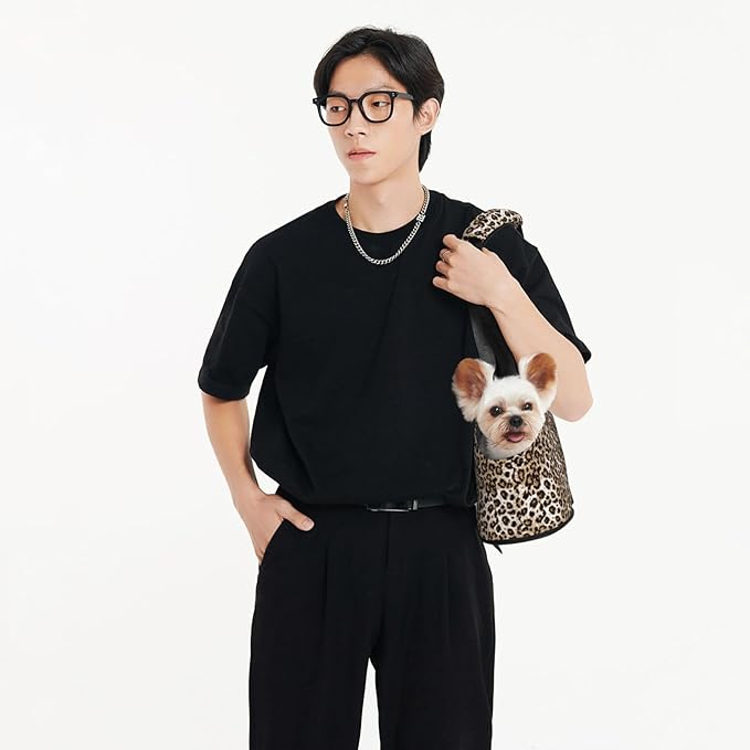 Pet Sling Carrier with Safety Hook - Foldable &amp Hands-Free Dog Cat Carrier Bag for Subway Travel Shopping up to 20lbsLeopard Print