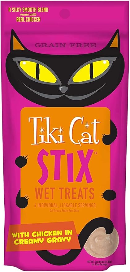 (12 Pack 72 Stix) Tiki Pets Cat Stix Wet Treats Topper Grain Free Lickable Smooth Blend with Chicken in Creamy Gravy with 10ct Pet Wipes