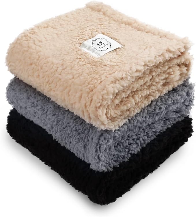 1 Pack 3 Calming Blankets Fluffy Premium Fleece Pet Blanket Soft Sherpa Throw for Dog Puppy Cat Beige/Black/Grey Medium (30 x20'')