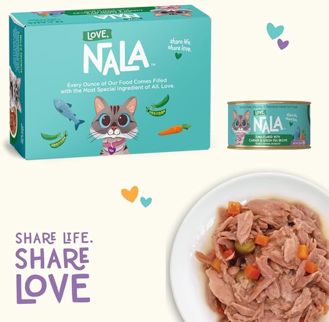 LOVE NALA - Natural Adult Cat Wet Food - FLAKED Tuna with Carrot &amp Green Pea in Broth - Grain Free Non-GMO Lean Protein Added Minerals &amp Vitamins - 12 Pack 2.4 lbs.