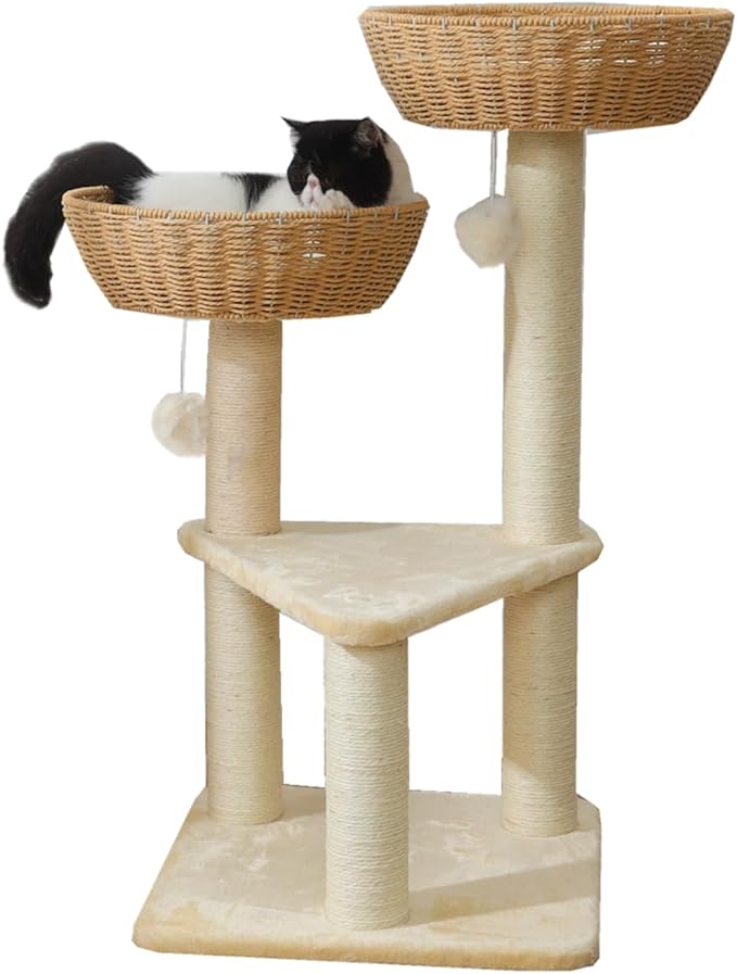 SHENGOCASE Cat Tree Tower with Rattan Wicker Basket 2 Handwoven Large Nest Baskets Bed Window Perch for Large Cats up to 20LBS