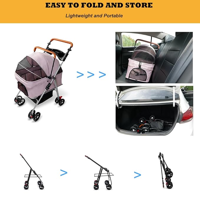 Pet Stroller with Storage Basket and Cup Holder Folding Dog Jogger Foldable Cat Stroller 3 in 1 Puppy Kitten Cart Pet Jogger for Medium Dog Cat (Pink)
