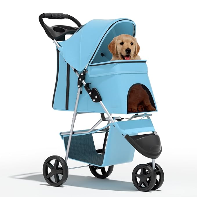 Cat Dog Stroller3-Wheels Pet Stroller for Medium/Puppy Dogs 30 Lbs with Storage Basket and Cup Holder Breathable Mesh Mint