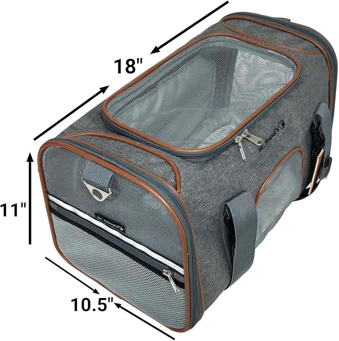 Mr. Peanut's Expandable Airline Approved Soft Sided Pet Carrier Luxury Travel Tote with Premium Auto Self Locking Zippers Plush Faux Fleece Bedding with Sturdy Plywood Base 18LX10.5 (Twilight Gray)