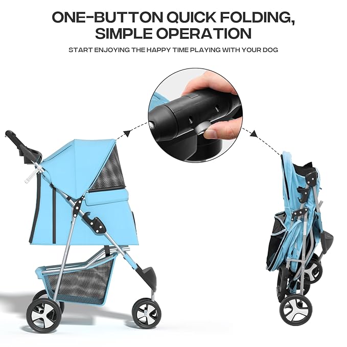 Cat Dog Stroller3-Wheels Pet Stroller for Medium/Puppy Dogs 30 Lbs with Storage Basket and Cup Holder Breathable Mesh Mint