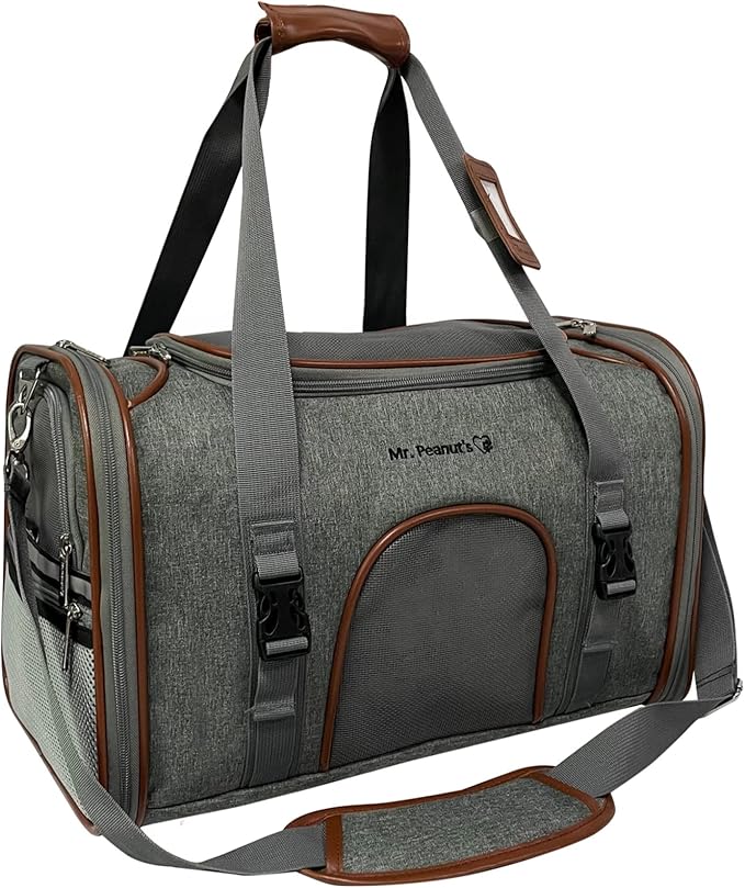 Mr. Peanut's Expandable Airline Approved Soft Sided Pet Carrier Luxury Travel Tote with Premium Auto Self Locking Zippers Plush Faux Fleece Bedding with Sturdy Plywood Base 18LX10.5 (Twilight Gray)