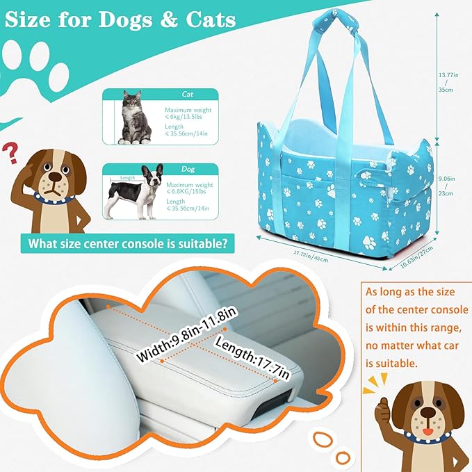 Cullaby Center Console Dog Car Seat for Small Dogs Under 15lbsDetachable Washable Booster Pet Car Seat Travel Bed with Storage Pockets and Seat Belt(Blue)