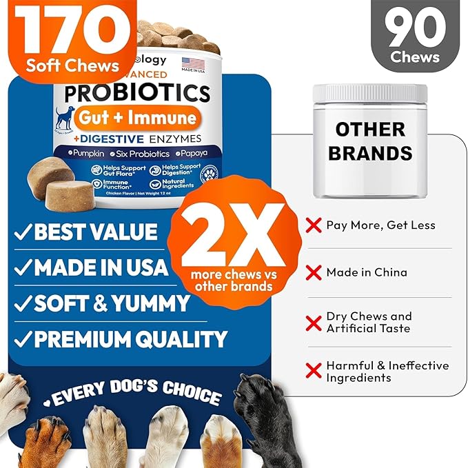 (2 Pack) Probiotics for Dogs - 340 Dog Probiotics Chews - Digestive Enzymes &amp Prebiotics - Support Gut Health Diarrhea Gas &amp Constipation Relief - Itchy Skin Allergies - Advanced Supplement