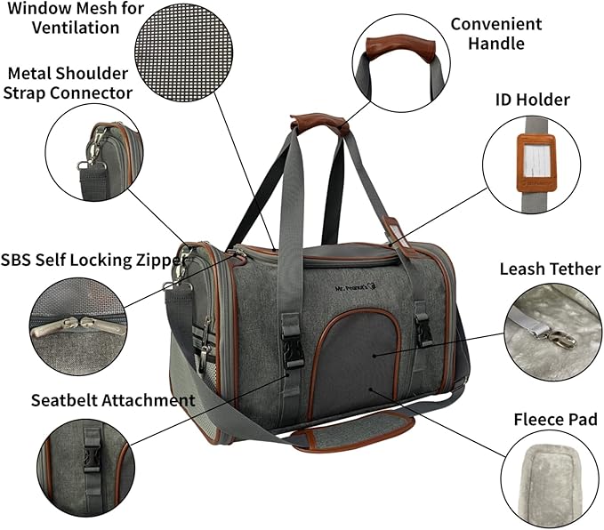 Mr. Peanut's Expandable Airline Approved Soft Sided Pet Carrier Luxury Travel Tote with Premium Auto Self Locking Zippers Plush Faux Fleece Bedding with Sturdy Plywood Base 18LX10.5 (Twilight Gray)
