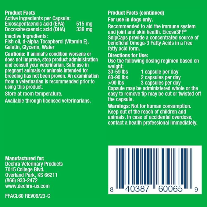 Eicosa3FF SnipCaps Omega 3 Free Fatty Acid Capsules for Dogs - Large 60 ct