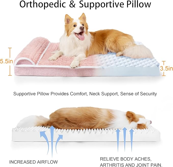 Orthopedic Dog Bed Medium Size Dog with Pillow 30''X20'' Waterproof Soft Comfortable Egg Crate Foam Pet Crate Beds Mat with Removable Washable Cover and Non-Slip Bottom Pink