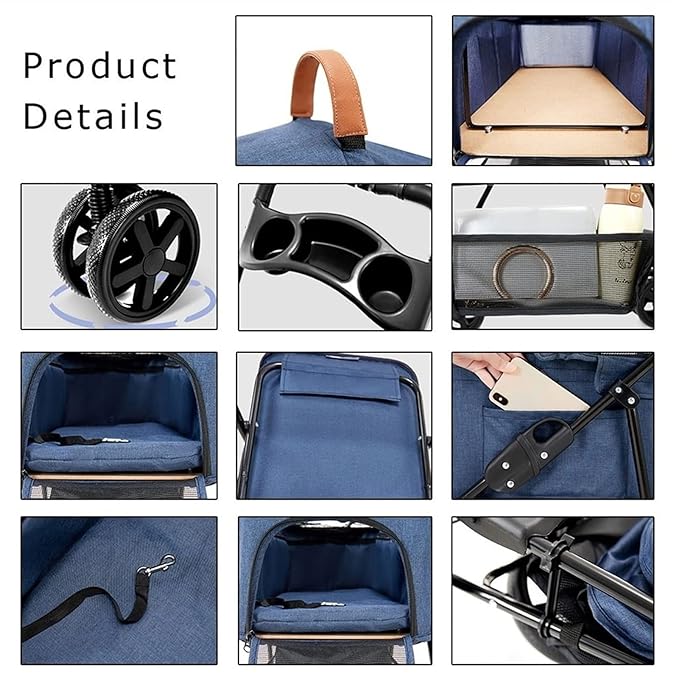 Premium Pushchair Cat Dog Pet Stroller with Detachable Cup Holder Dog Strollers for Small Medium Dogs Lightweight Pram Breathable Zipperless Entry Cat Stroller Pramsa(Black)