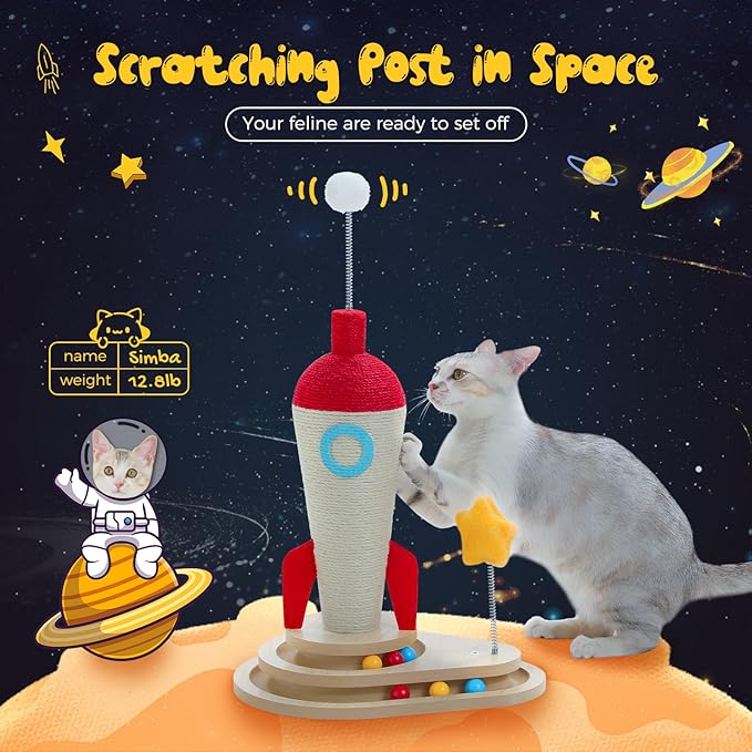 PETEPELA Cat Scratching Post Rocket Sisal Cat Scratcher 24.8'' Cute Scratching Post with 2-Layers Wooden Track Cat Toys &amp Spring Pompom for Indoor Cats Adults