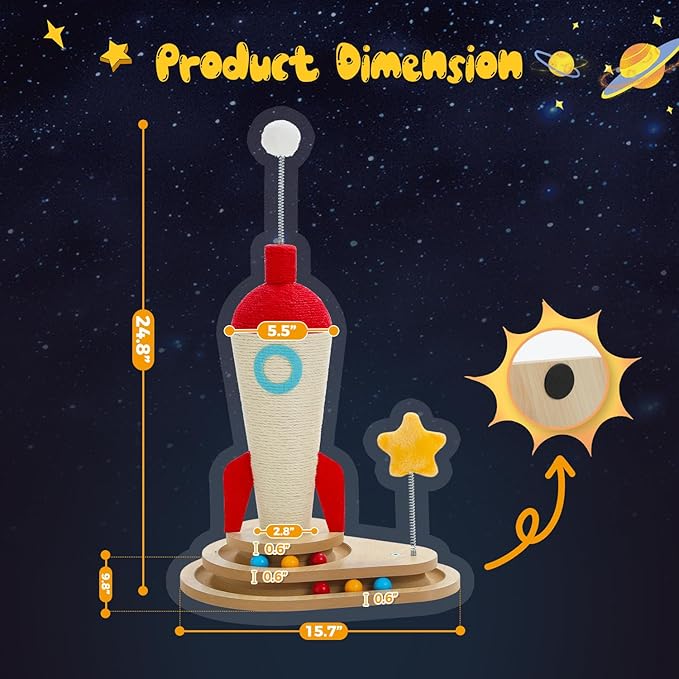 PETEPELA Cat Scratching Post Rocket Sisal Cat Scratcher 24.8'' Cute Scratching Post with 2-Layers Wooden Track Cat Toys &amp Spring Pompom for Indoor Cats Adults