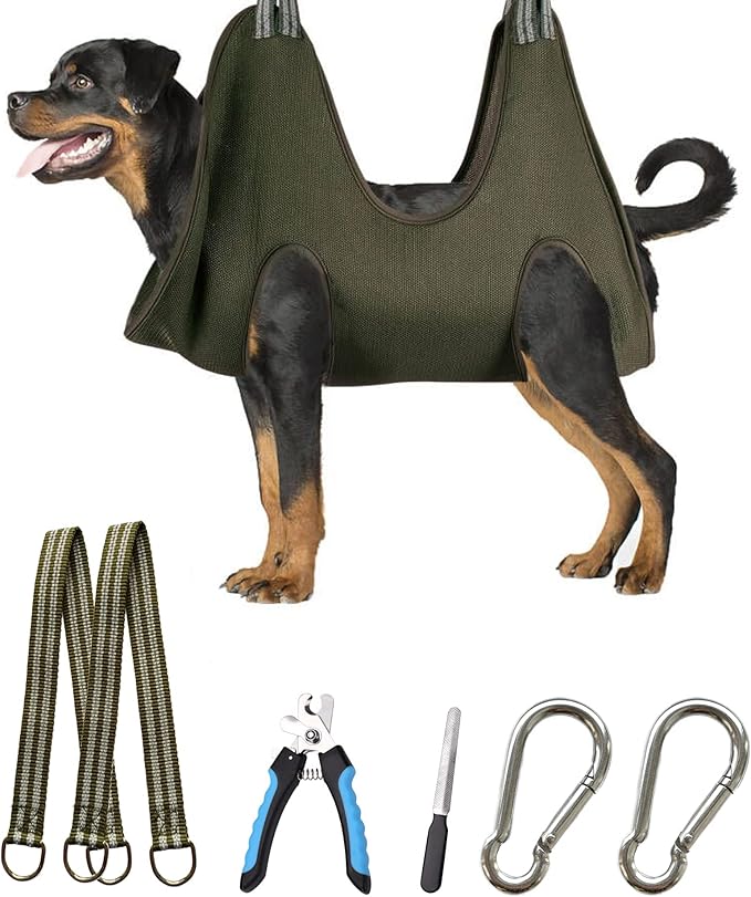 10 in 1 Dog Grooming Hammock Harness with Nail Clippers/Trimmer Nail Hammock for Trimming Grooming Sling Hange Holder for Extra Large Dogs (XXL/Under 120lb Khaki Green)