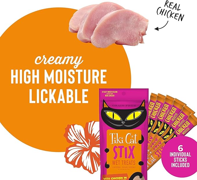 (12 Pack 72 Stix) Tiki Pets Cat Stix Wet Treats Topper Grain Free Lickable Smooth Blend with Chicken in Creamy Gravy with 10ct Pet Wipes
