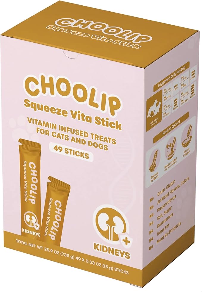 Choolip Squeeze Vita Stick Lickable Cat and Dog Treats ? 49-Count Kidney Support Sticks with Multivitamins Soft Squeezable Paste for All Life Stages Supporting Kidney Health - Box with 7 Pouches