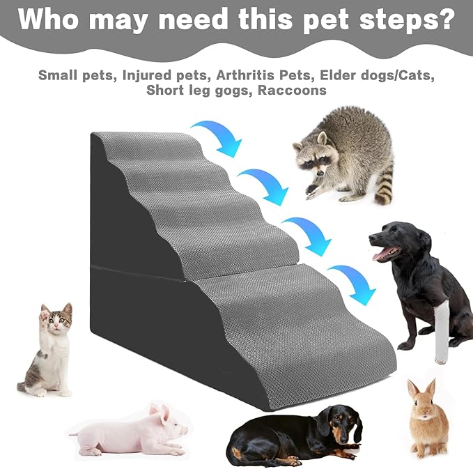 Dog Stairs for High Beds 30-36 inches Tall 6-Step Dog Steps for Bed 32-36 inches for Small Large Dogs Doggie Ramp for Bed 30D Foam Pet Stairs for Old Dogs/Animals & Pet Supplies Free-Installation Grey