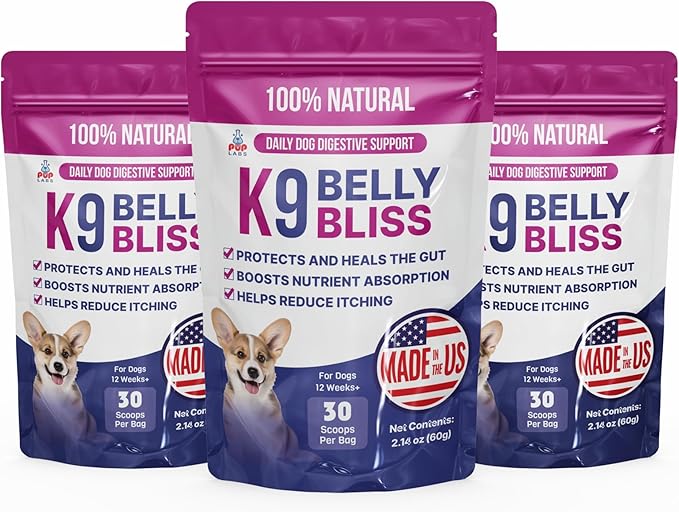 K9 Belly Bliss All-Natural Gut Health for Dogs Vet Approved Prebiotic for Dogs for Daily Digestive Support &amp Dog Constipation Relief Topper for Dry &amp Wet Food 3 Pack with 30 Scoops Each.