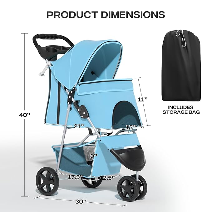 Cat Dog Stroller3-Wheels Pet Stroller for Medium/Puppy Dogs 30 Lbs with Storage Basket and Cup Holder Breathable Mesh Mint