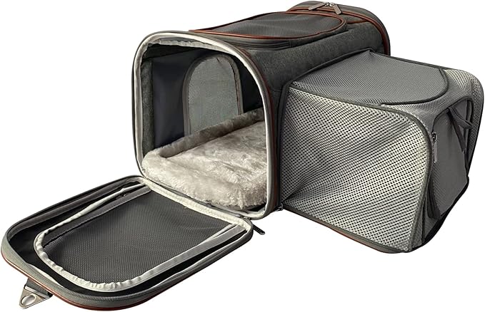 Mr. Peanut's Expandable Airline Approved Soft Sided Pet Carrier Luxury Travel Tote with Premium Auto Self Locking Zippers Plush Faux Fleece Bedding with Sturdy Plywood Base 18LX10.5 (Twilight Gray)