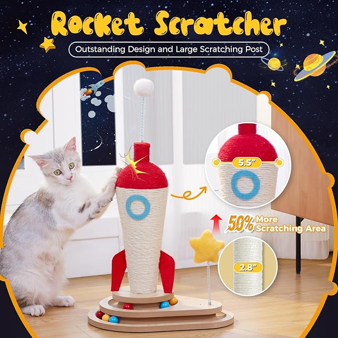 PETEPELA Cat Scratching Post Rocket Sisal Cat Scratcher 24.8'' Cute Scratching Post with 2-Layers Wooden Track Cat Toys &amp Spring Pompom for Indoor Cats Adults