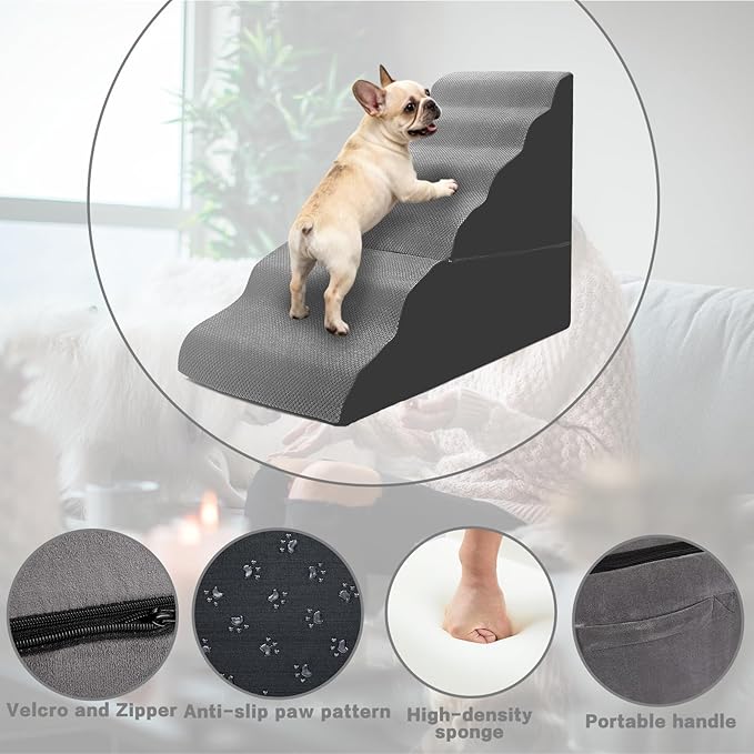 Dog Stairs for High Beds 30-36 inches Tall 6-Step Dog Steps for Bed 32-36 inches for Small Large Dogs Doggie Ramp for Bed 30D Foam Pet Stairs for Old Dogs/Animals & Pet Supplies Free-Installation Grey