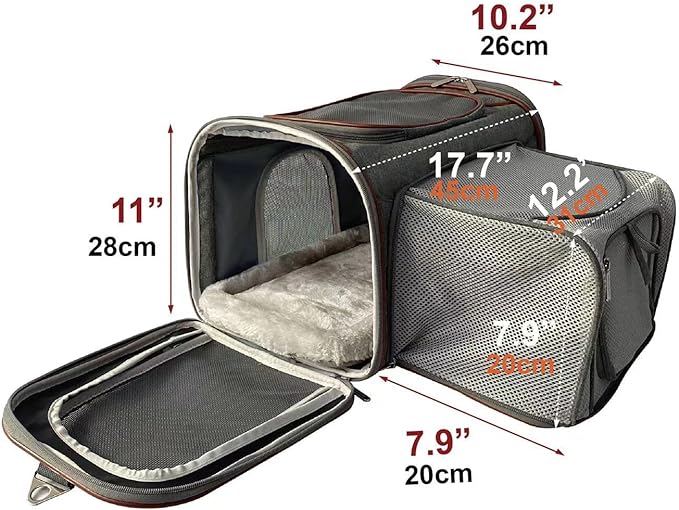 Mr. Peanut's Expandable Airline Approved Soft Sided Pet Carrier Luxury Travel Tote with Premium Auto Self Locking Zippers Plush Faux Fleece Bedding with Sturdy Plywood Base 18LX10.5 (Twilight Gray)