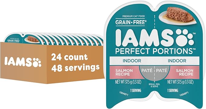 IAMS Perfect Portions Indoor Adult Grain Free Wet Cat Food Pate Salmon Recipe 2.6 oz. Easy Peel Twin-Pack Trays (24 Count 48 Servings)