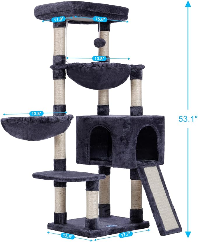 Hey-brother Large Cat Tree Cat Tower for Indoor Cats Cat House with Padded Bed Cozy Condo Hammocks Sisal Scratching Posts Big Scratcher Smoky Gray MPJ006-MG