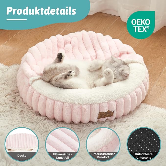 Cat Bed with Hooded Blanket Round Fluffy Anti-Anxiety Pet Bed for Cats/Toy Breed Dogs Cozy Donut Cuddler with Machine Washable Faux Fur &amp Anti-Slip Bottom(20×20×6Pink)