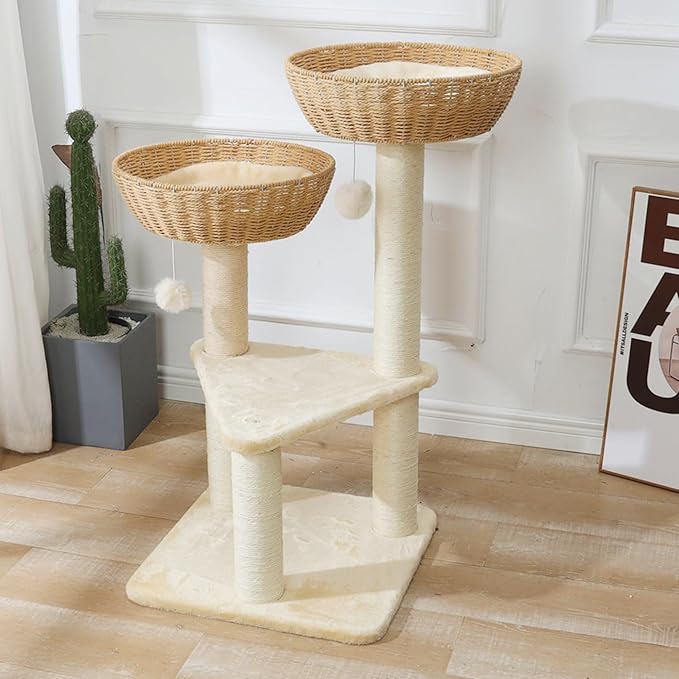 SHENGOCASE Cat Tree Tower with Rattan Wicker Basket 2 Handwoven Large Nest Baskets Bed Window Perch for Large Cats up to 20LBS