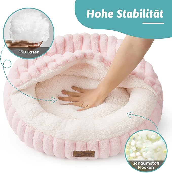 Cat Bed with Hooded Blanket Round Fluffy Anti-Anxiety Pet Bed for Cats/Toy Breed Dogs Cozy Donut Cuddler with Machine Washable Faux Fur &amp Anti-Slip Bottom(20×20×6Pink)