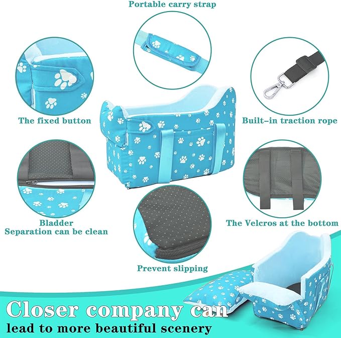 Cullaby Center Console Dog Car Seat for Small Dogs Under 15lbsDetachable Washable Booster Pet Car Seat Travel Bed with Storage Pockets and Seat Belt(Blue)