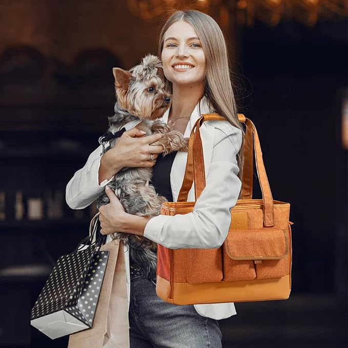 Cat Carrier Dog Carrier Pet Carrier Foldable Waterproof Premium PU Leather Oxford Cloth Dog Purse Portable Bag Carrier for Small to Medium Cat and Small Dog-Brown
