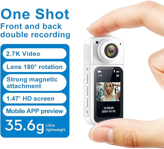 1.47in Thumb Sized Small Camera with 180° Rotating Lens 2.7K Video Strong Magnetic for Capturing Life's Moment