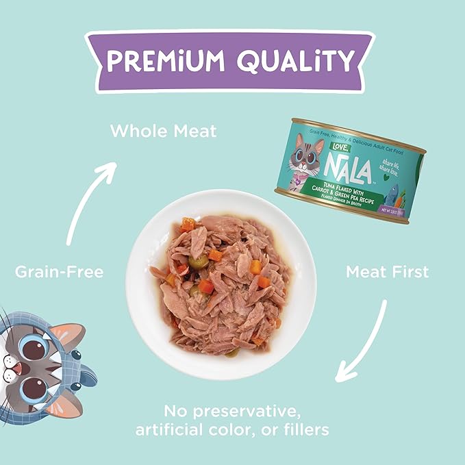 LOVE NALA - Natural Adult Cat Wet Food - FLAKED Tuna with Carrot &amp Green Pea in Broth - Grain Free Non-GMO Lean Protein Added Minerals &amp Vitamins - 12 Pack 2.4 lbs.