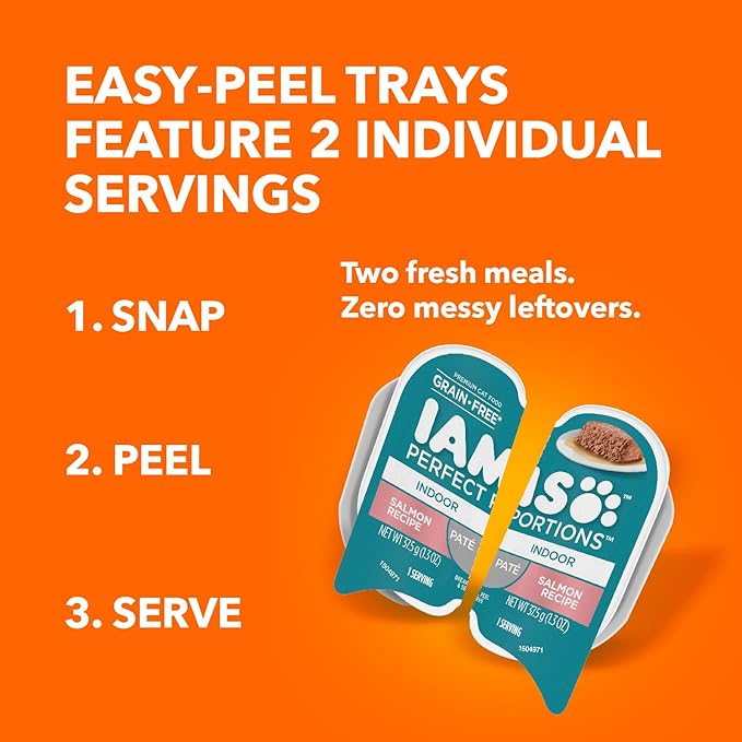 IAMS Perfect Portions Indoor Adult Grain Free Wet Cat Food Pate Salmon Recipe 2.6 oz. Easy Peel Twin-Pack Trays (24 Count 48 Servings)