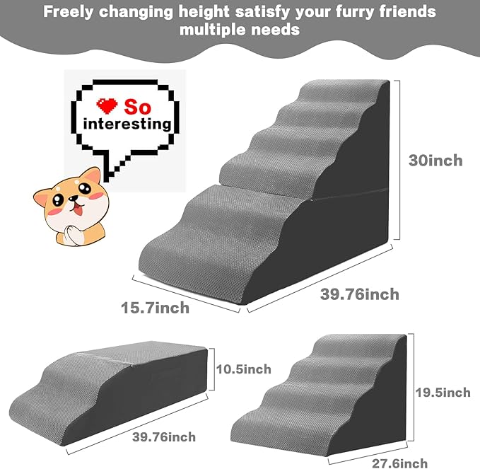 Dog Stairs for High Beds 30-36 inches Tall 6-Step Dog Steps for Bed 32-36 inches for Small Large Dogs Doggie Ramp for Bed 30D Foam Pet Stairs for Old Dogs/Animals & Pet Supplies Free-Installation Grey