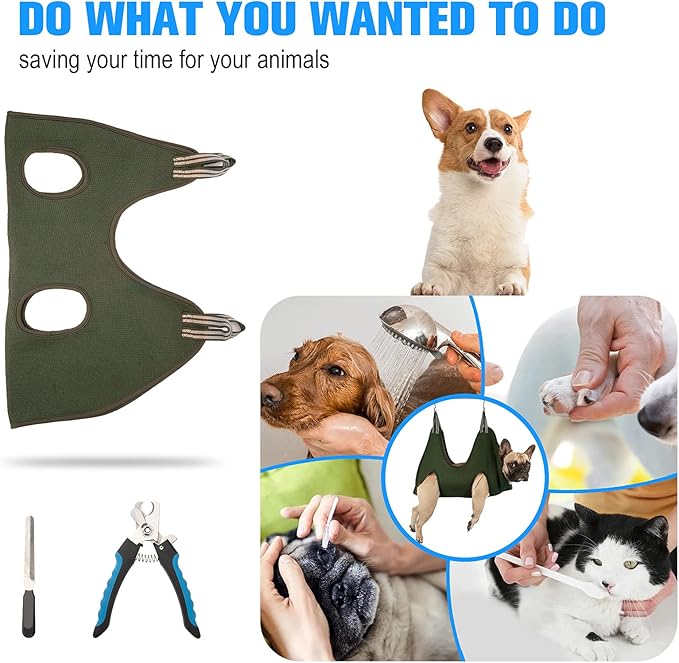 10 in 1 Dog Grooming Hammock Harness with Nail Clippers/Trimmer Nail Hammock for Trimming Grooming Sling Hange Holder for Extra Large Dogs (XXL/Under 120lb Khaki Green)
