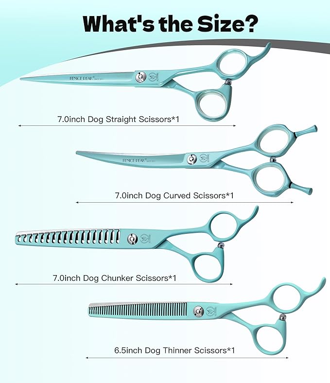 Fenice Peak 7 Professional Dog Grooming Scissors Set Japanese 440C Stainless Steel Straight Thinning Curved Chunker Shears for Pet Grooming Trimming Face Paws Green