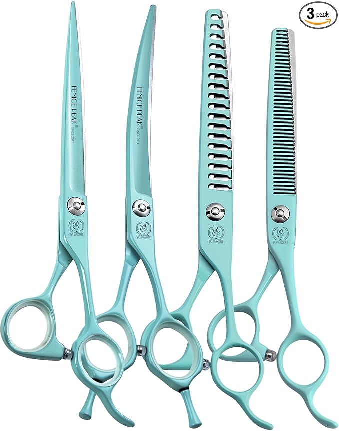 Fenice Peak 7 Professional Dog Grooming Scissors Set Japanese 440C Stainless Steel Straight Thinning Curved Chunker Shears for Pet Grooming Trimming Face Paws Green